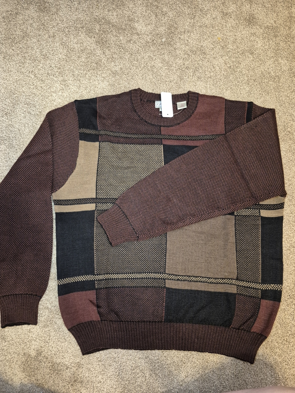 Vintage NWT New Men's Burgundy Coloir Block Plaid Knit Sweater Large Wool Mix